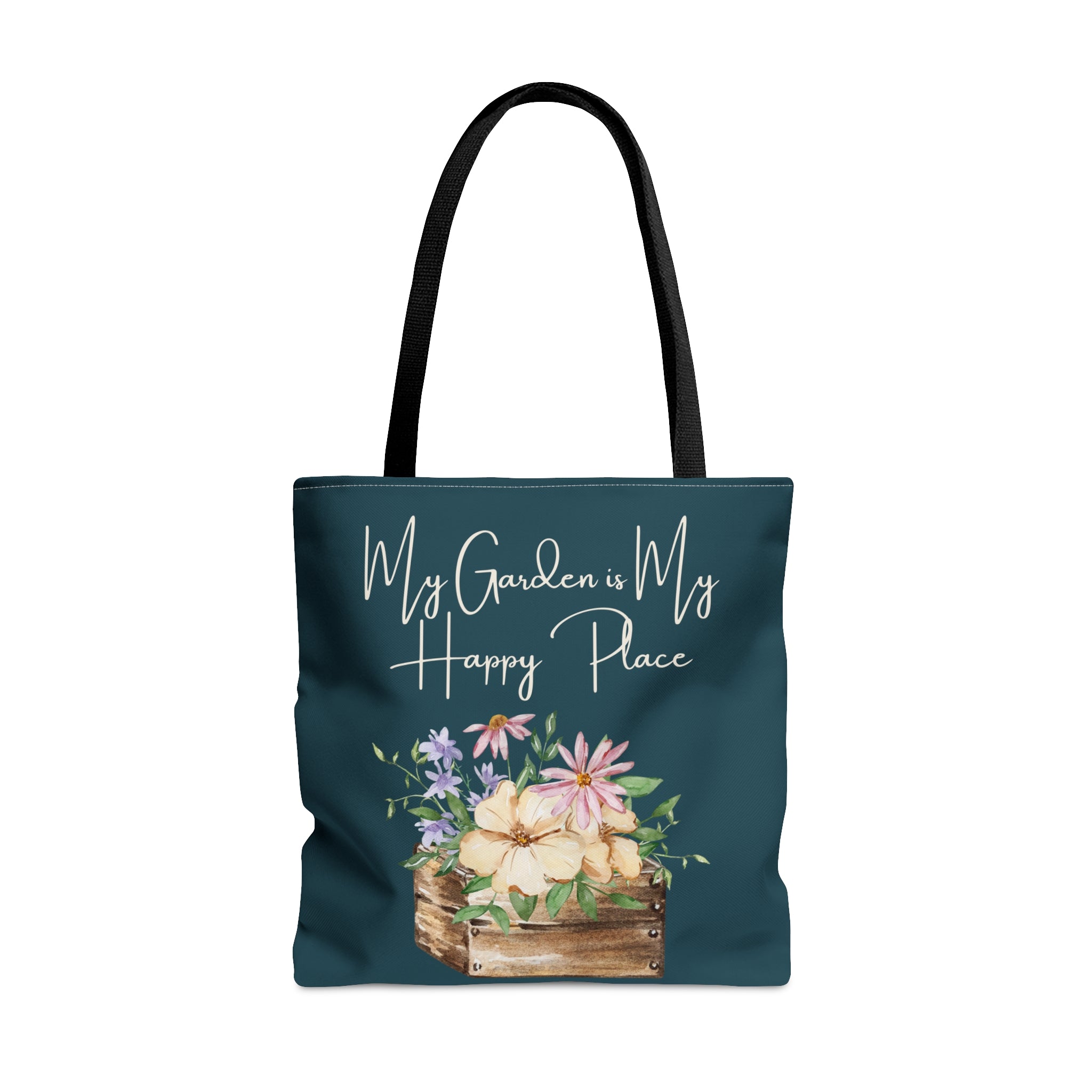 Dark green tote with flower box and phrase My Garden is My Happy Place