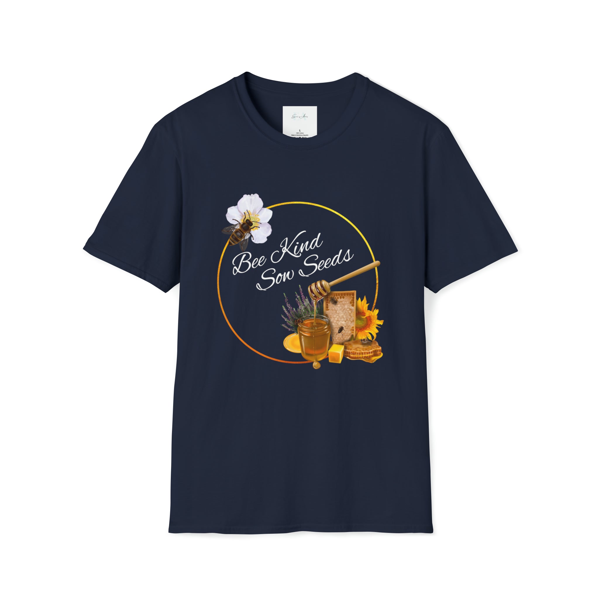 Bee Kind Sow Seeds in white text on navy shirt with honey, a bee, and a golden circle.