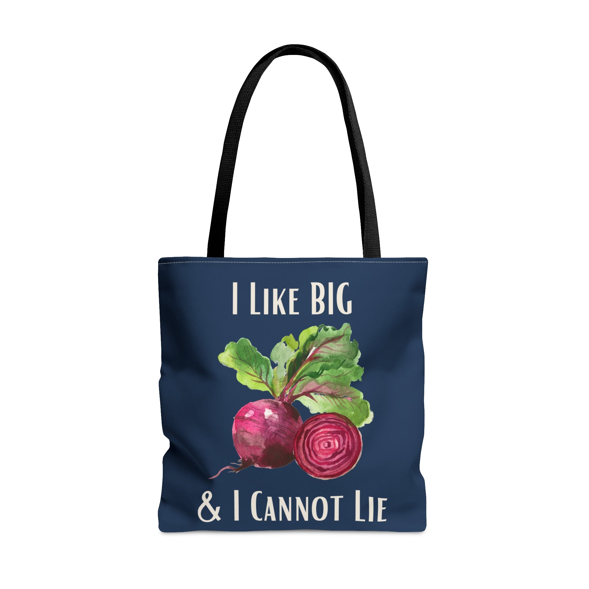 Navy tote with beets and words "I Like Big & I Cannot Lie"