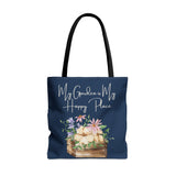 Navy tote with flower box and phrase My Garden is My Happy Place