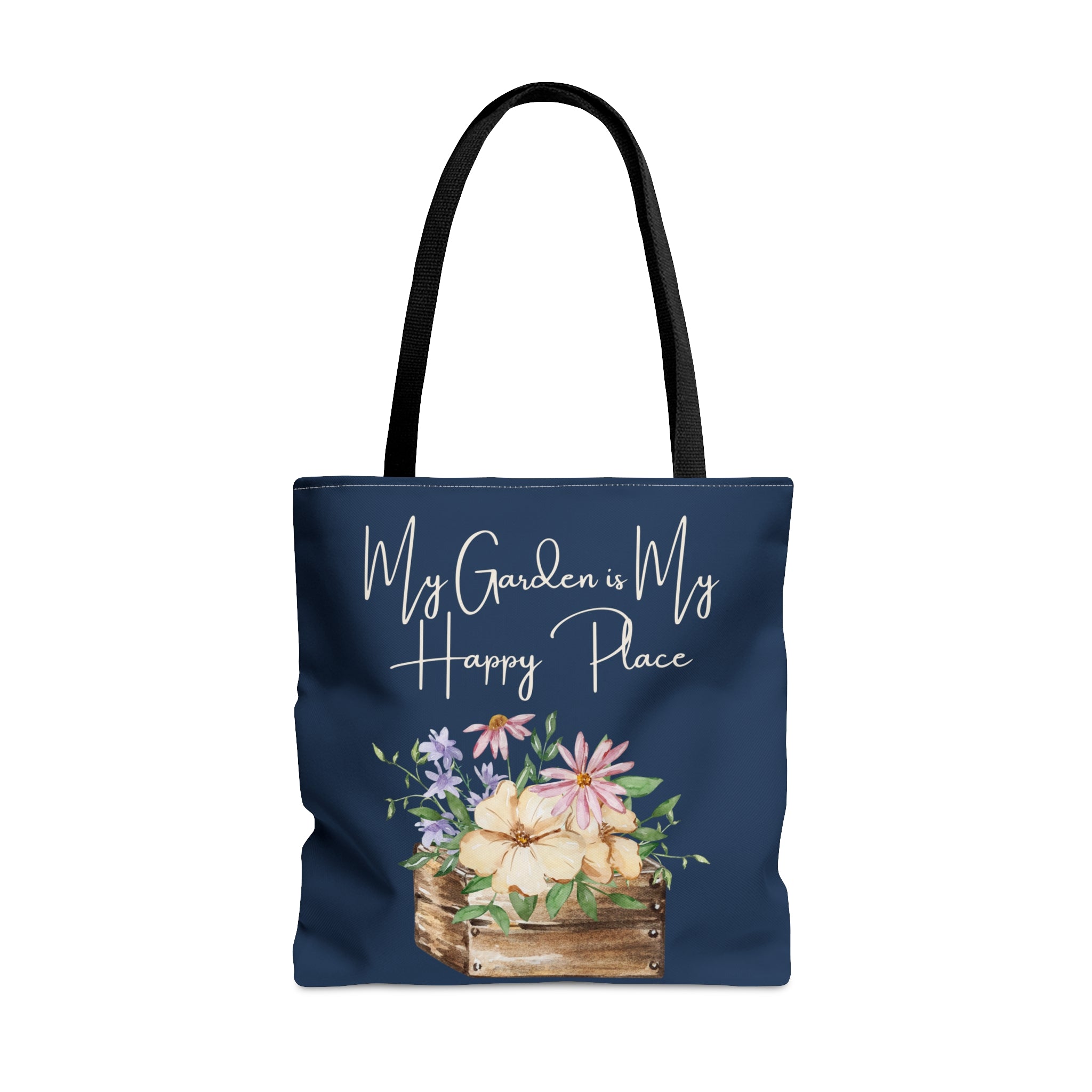 Navy tote with flower box and phrase My Garden is My Happy Place