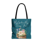 Teal tote with flower box and phrase My Garden is My Happy Place