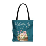 Teal tote with flower box and phrase My Garden is My Happy Place