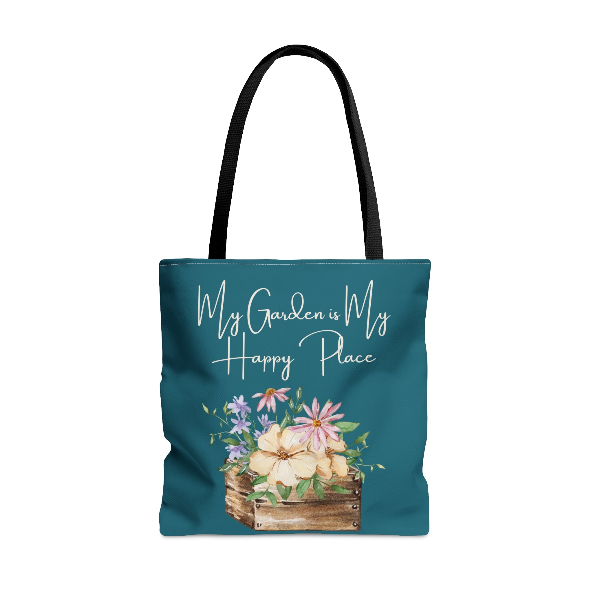 Teal tote with flower box and phrase My Garden is My Happy Place